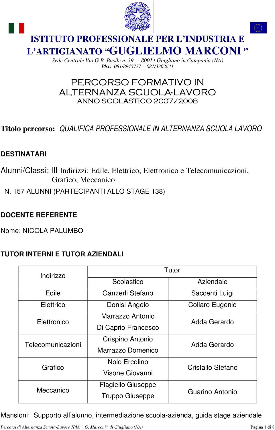 LAVORO DESTINATARI Alunni/Classi: III Indirizzi: Edile, Elettrico, Elettronico e Telecomunicazioni, Grafico, Meccanico N.