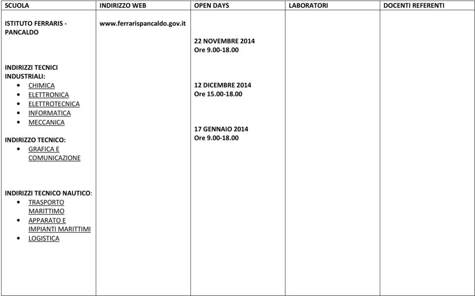 COMUNICAZIONE www.ferrarispancaldo.gov.it 22 NOVEMBRE 2014 Ore 9.00-18.00 12 DICEMBRE 2014 Ore 15.00-18.00 17 GENNAIO 2014 Ore 9.