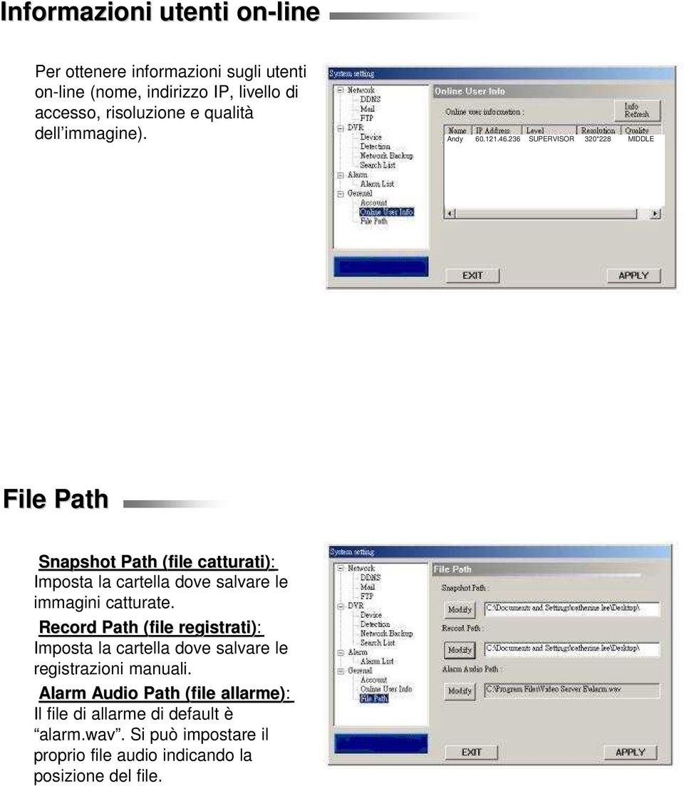 236 SUPERVISOR 320*228 MIDDLE File Path Snapshot Path (file catturati): Imposta la cartella dove salvare le immagini catturate.