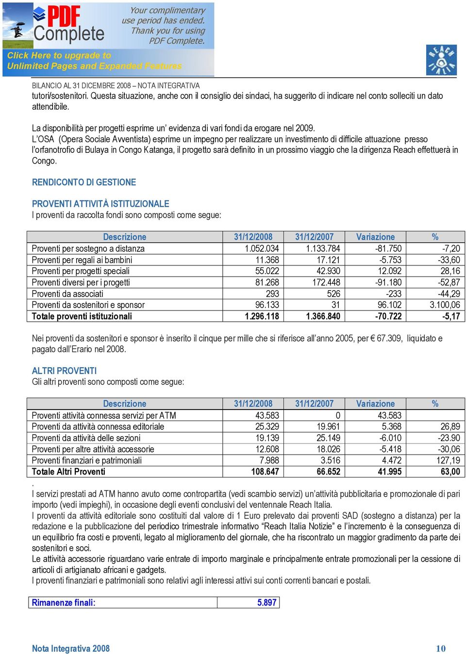 L OSA (Opera Sociale Avventista) esprime un impegno per realizzare un investimento di difficile attuazione presso l orfanotrofio di Bulaya in Congo Katanga, il progetto sarà definito in un prossimo