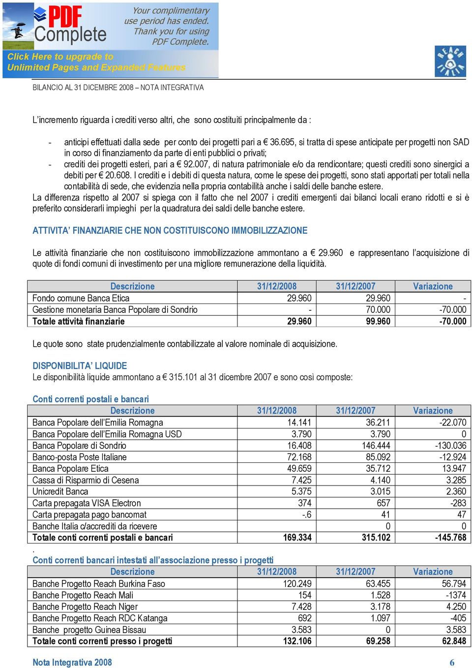 007, di natura patrimoniale e/o da rendicontare; questi crediti sono sinergici a debiti per 20.608.