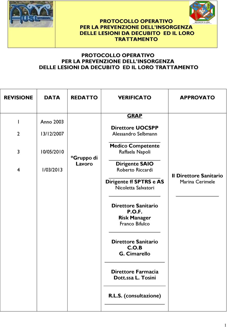 Riccardi Dirigente ff SPTRS e AS Nicoletta Salvatori Il Direttore Sanitario Marina Cerimele Direttore Sanitario P.O.F.