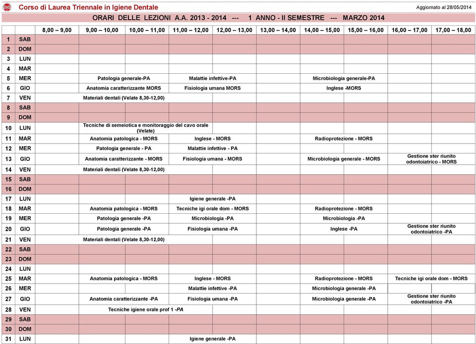 8,30-12,00) 8 SAB 9 DOM 10 LUN monitoraggio del cavo orale 11 MAR Anatomia patologica - MORS Inglese - MORS Radioprotezione - MORS 12 MER Patologia generale - PA Malattie infettive - PA 13 GIO