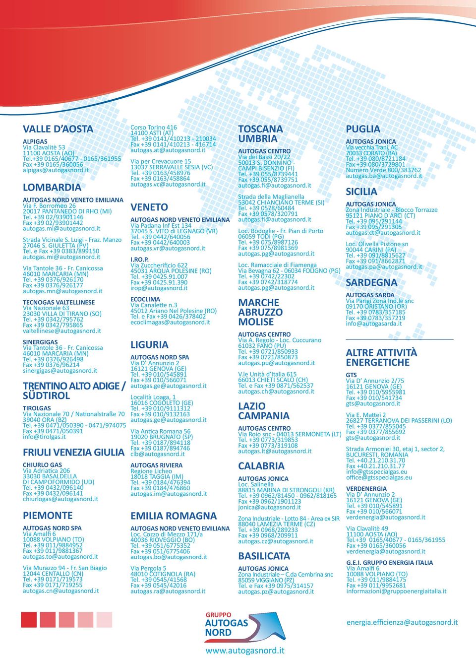 e Fax +39 0383/899150 autogas.mi@autogasnord.it Via Tantole 36 - Fr. Canicossa 46010 MARCARIA (MN) Tel. +39 0376/926170 Fax +39 0376/926177 autogas.mn@autogasnord.