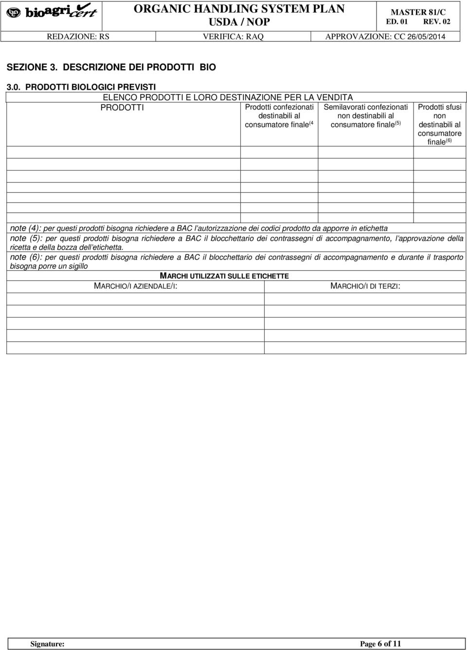 consumatore finale (5) Prodotti sfusi non destinabili al consumatore finale (6) note (4): per questi prodotti bisogna richiedere a BAC l autorizzazione dei codici prodotto da apporre in etichetta