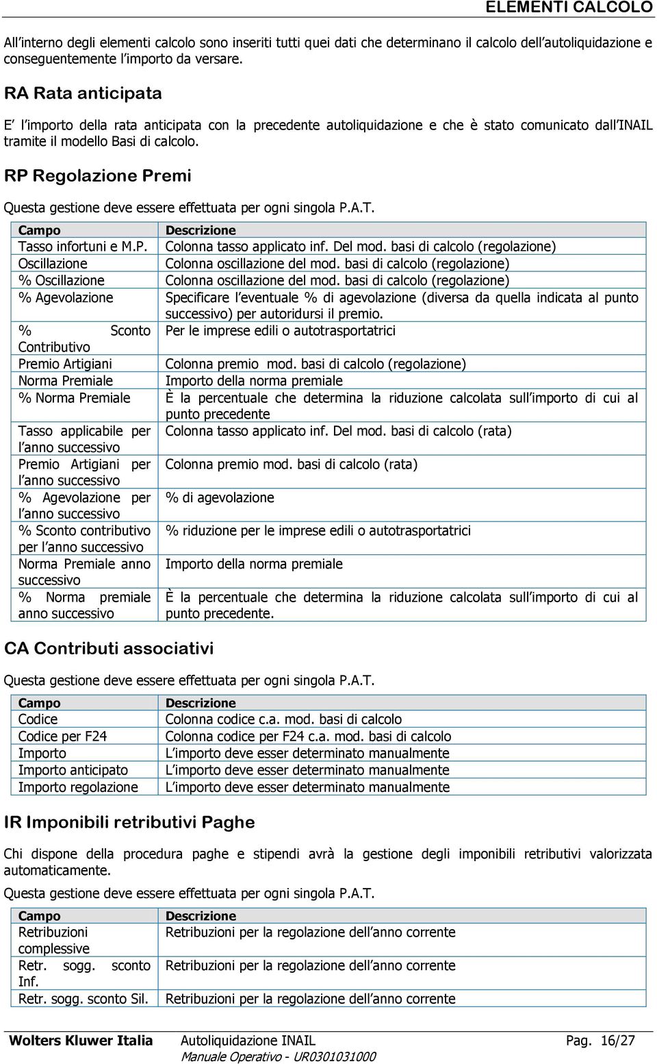 RP Regolazione Premi Questa gestione deve essere effettuata per ogni singola P.A.T. Campo Descrizione Tasso infortuni e M.P. Colonna tasso applicato inf. Del mod.