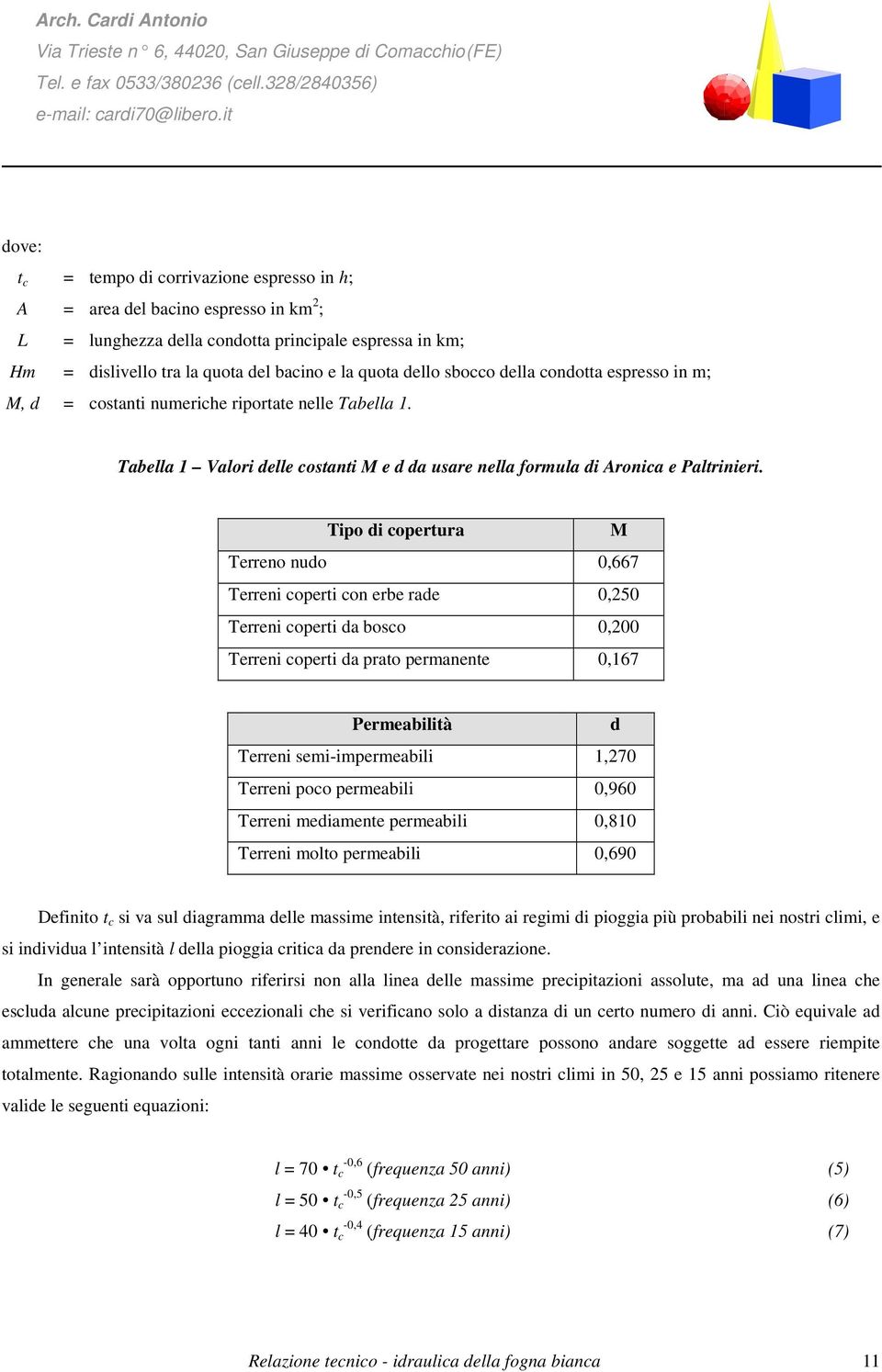 Tipo di copertura M Terreno nudo 0,667 Terreni coperti con erbe rade 0,250 Terreni coperti da bosco 0,200 Terreni coperti da prato permanente 0,167 Permeabilità d Terreni semi-impermeabili 1,270