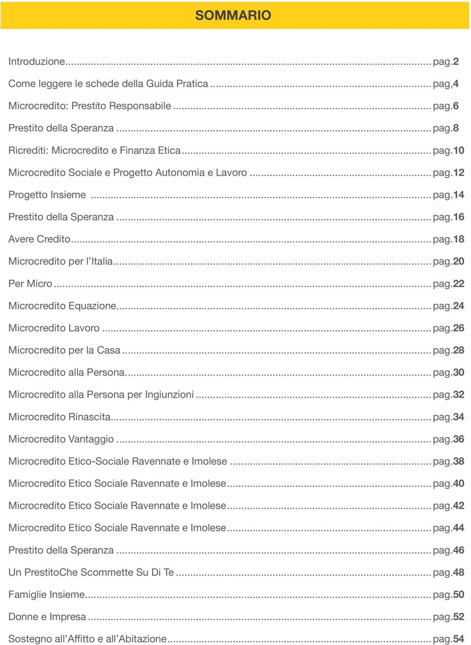 .. pag.22 Microcredito Equazione... pag.24 Microcredito Lavoro... pag.26 Microcredito per la Casa... pag.28 Microcredito alla Persona... pag.30 Microcredito alla Persona per Ingiunzioni... pag.32 Microcredito Rinascita.