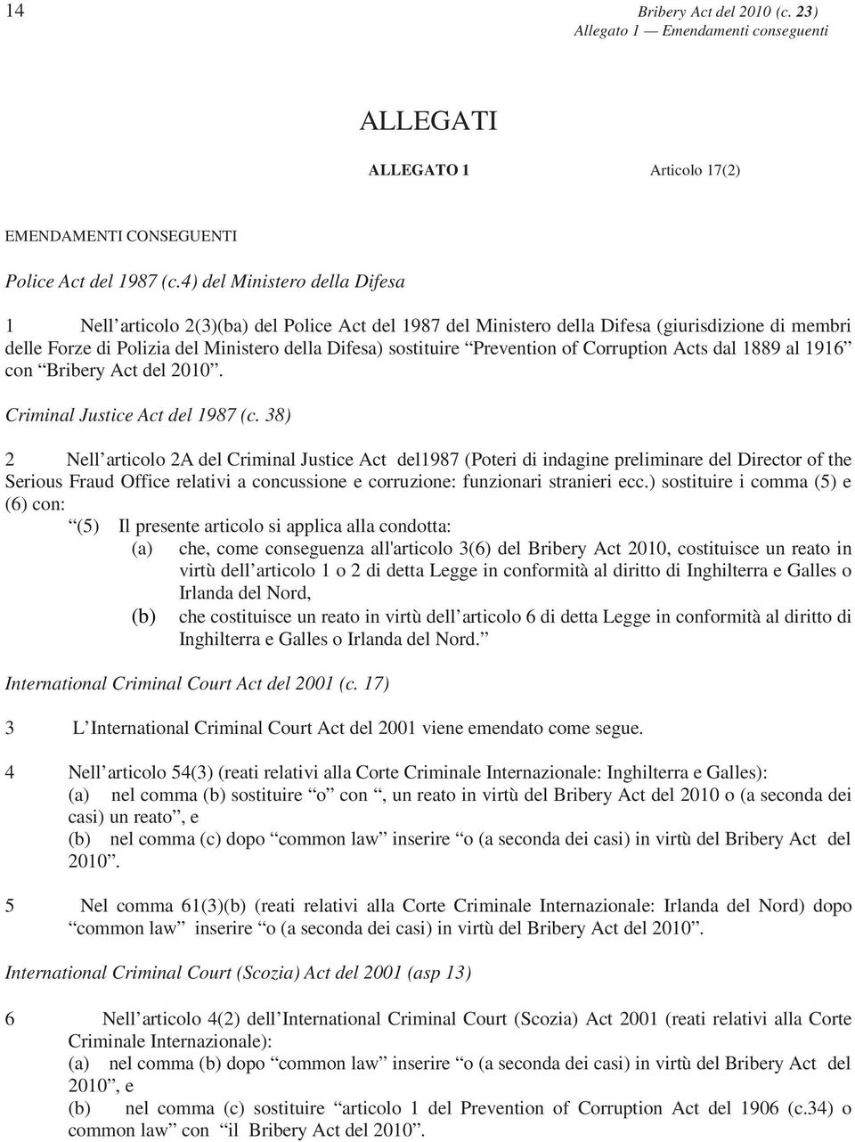 Prevention of Corruption Acts dal 1889 al 1916 con Bribery Act del 2010. Criminal Justice Act del 1987 (c.