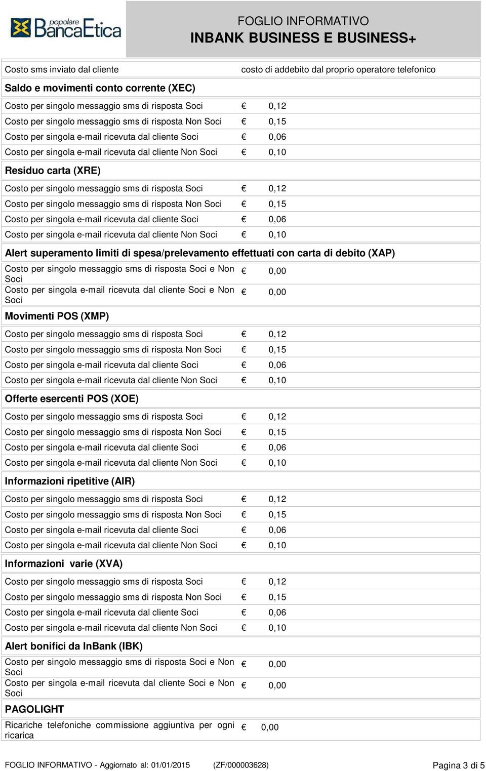 e Non Movimenti POS (XMP) Offerte esercenti POS (XOE) Informazioni ripetitive (AIR) Informazioni varie (XVA) Alert bonifici da InBank (IBK) Costo per singolo