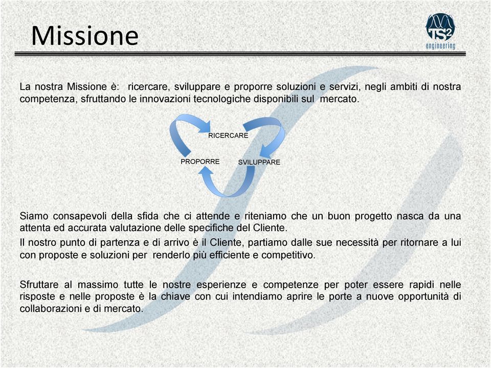 Il nostro punto di partenza e di arrivo è il Cliente, partiamo dalle sue necessità per ritornare a lui con proposte e soluzioni per renderlo più efficiente e competitivo.