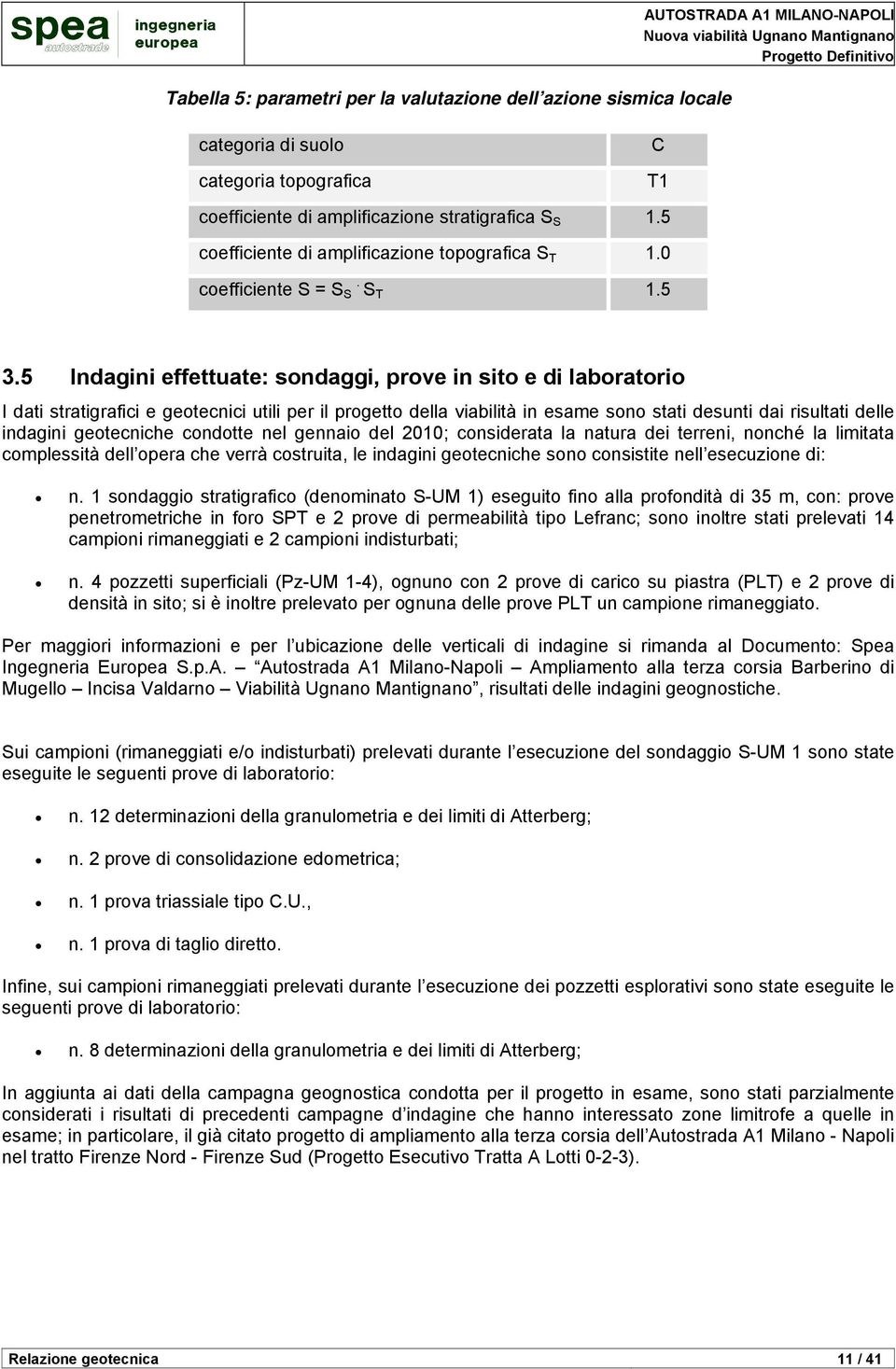 5 Indagini effettuate: sondaggi, prove in sito e di laboratorio I dati stratigrafici e geotecnici utili per il progetto della viabilità in esame sono stati desunti dai risultati delle indagini