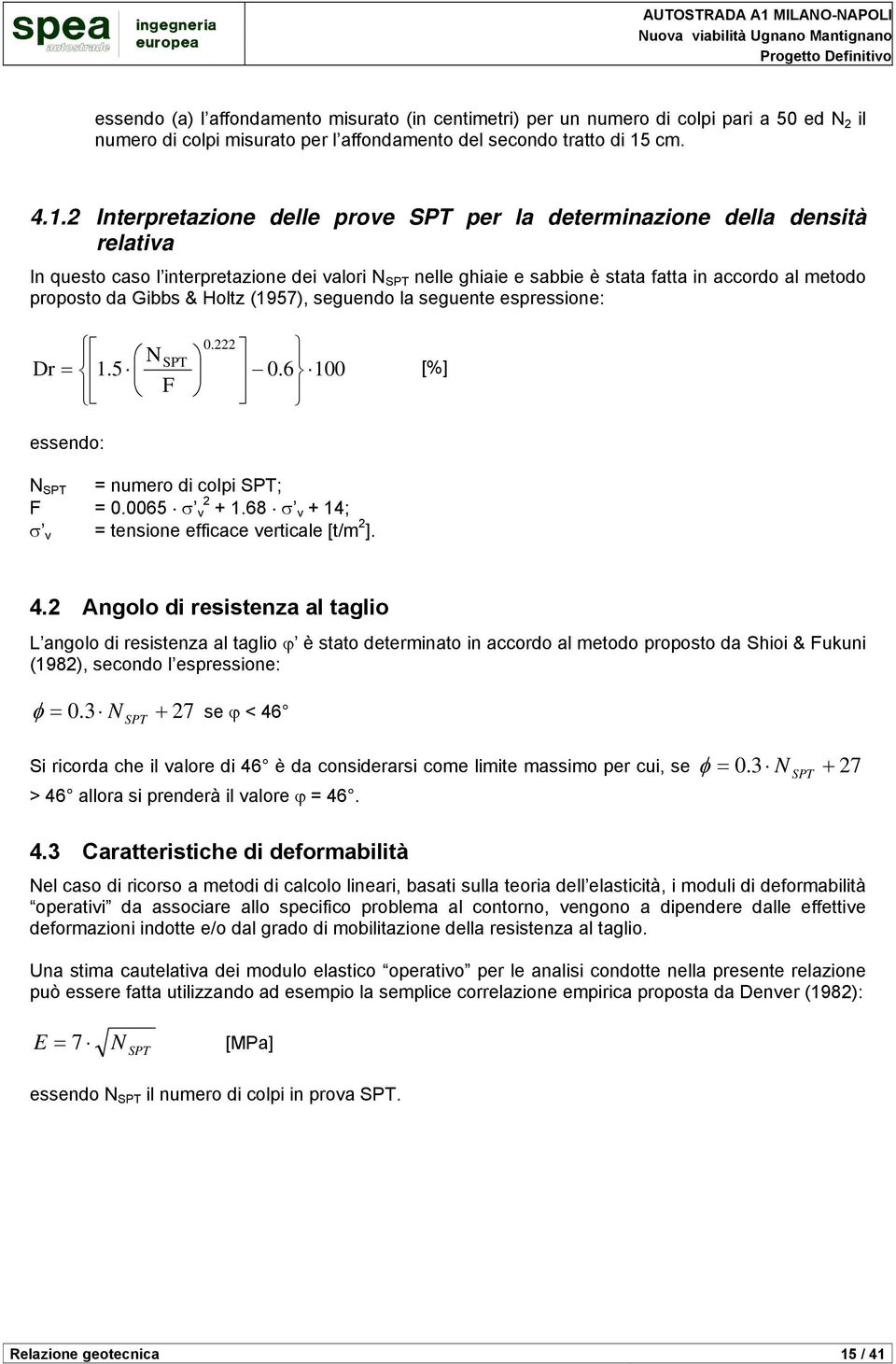 2 Interpretazione delle prove SPT per la determinazione della densità relativa In questo caso l interpretazione dei valori N SPT nelle ghiaie e sabbie è stata fatta in accordo al metodo proposto da