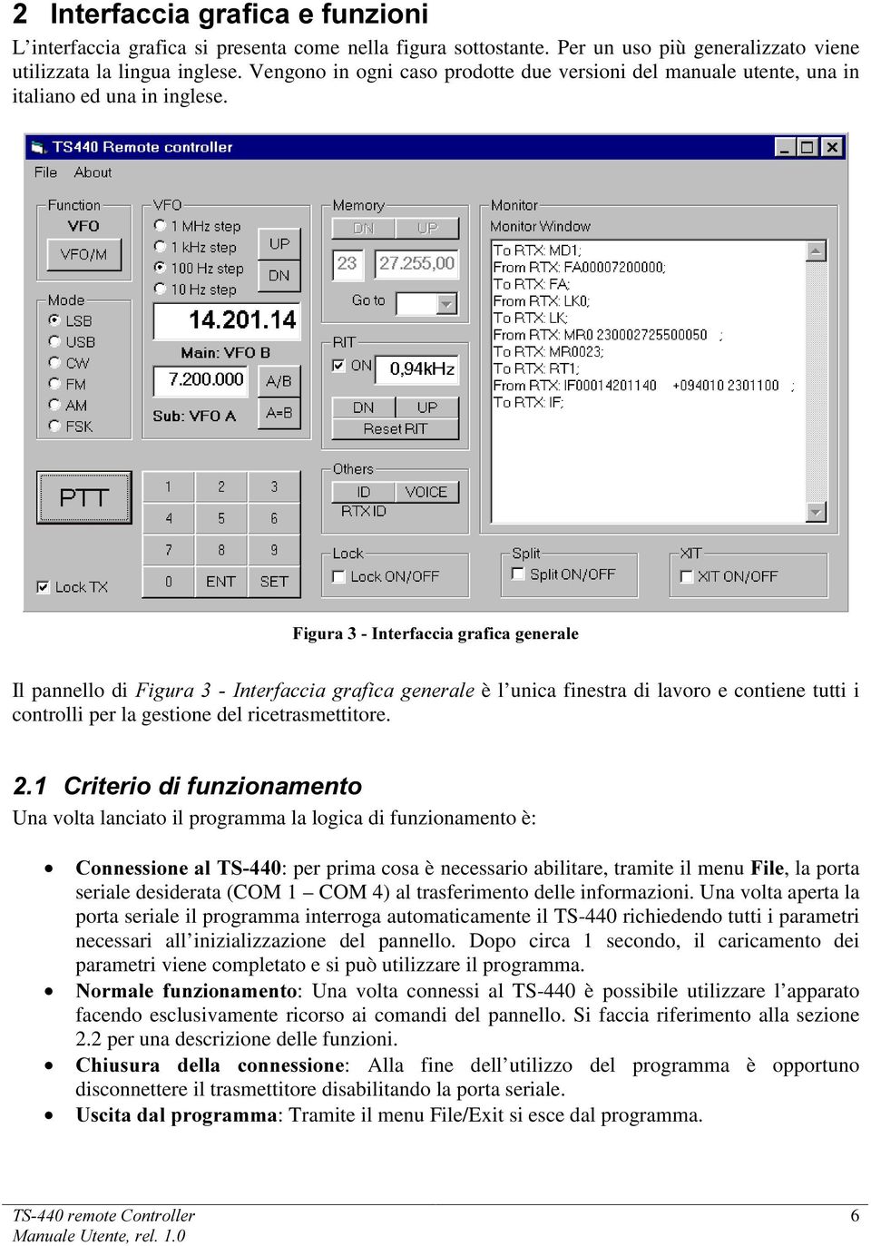 )LJXUD,QWHUIDFFLDJUDILFDJHQHUDOH Il pannello di )LJXUD,QWHUIDFFLDJUDILFDJHQHUDOH è l unica finestra di lavoro e contiene tutti i controlli per la gestione del ricetrasmettitore.