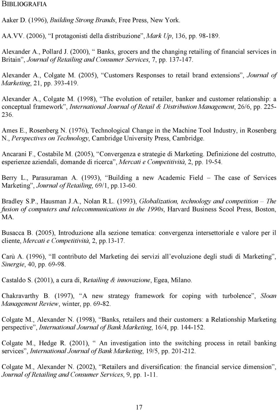 (2005), Customers Responses to retail brand extensions, Journal of Marketing, 21, pp. 393-419. Alexander A., Colgate M.