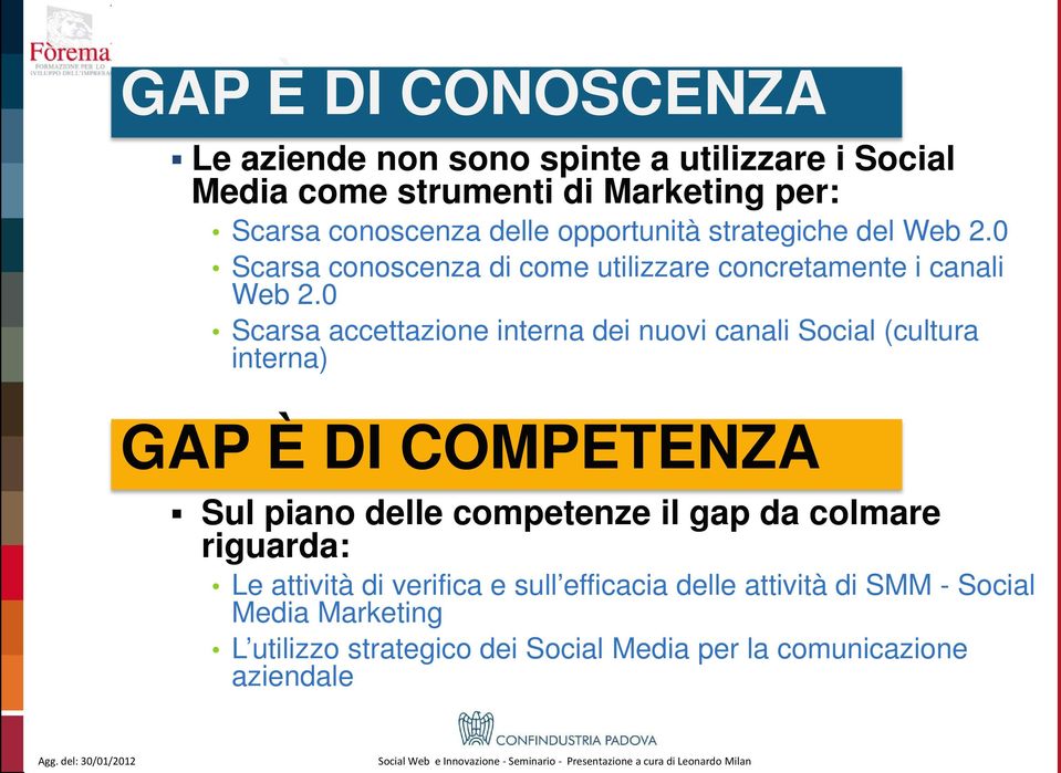 0 Scarsa accettazione interna dei nuovi canali Social (cultura interna) GAP È DI COMPETENZA Sul piano delle competenze il gap da colmare