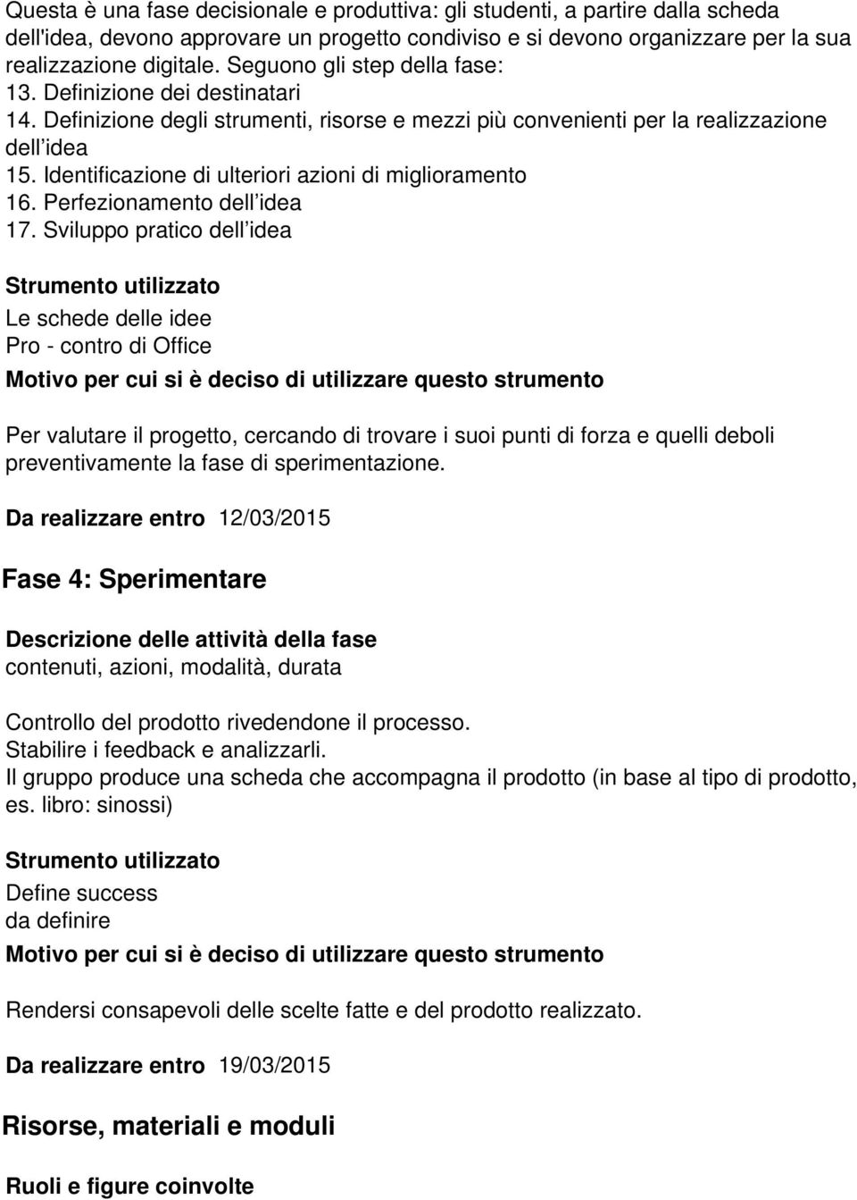 Identificazione di ulteriori azioni di miglioramento 16. Perfezionamento dell idea 17.