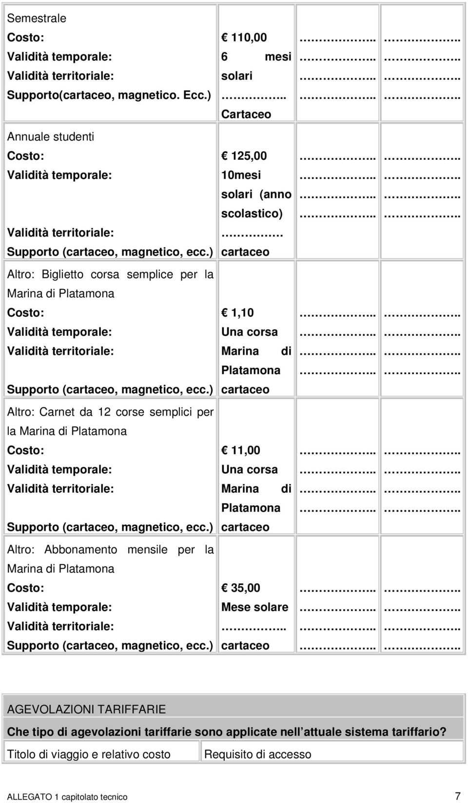 ) cartaceo Altro: Biglietto corsa semplice per la Marina di Platamona Costo: 1,10 Validità temporale: Una corsa Validità territoriale: Marina di Platamona Supporto (cartaceo, magnetico, ecc.