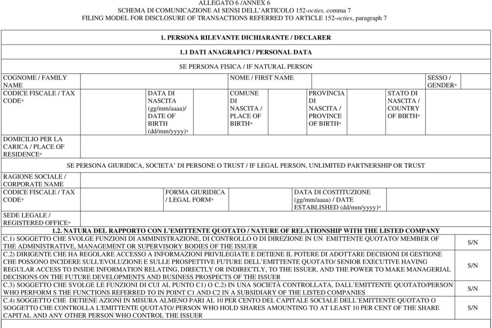 1 DATI ANAGRAFICI / PERSONAL DATA COGNOME / FAMILY NAME CODICE FISCALE / TAX CODE* DOMICILIO PER LA CARICA / PLACE OF RESIDENCE* RAGIONE SOCIALE / CORPORATE NAME CODICE FISCALE / TAX CODE* DATA DI