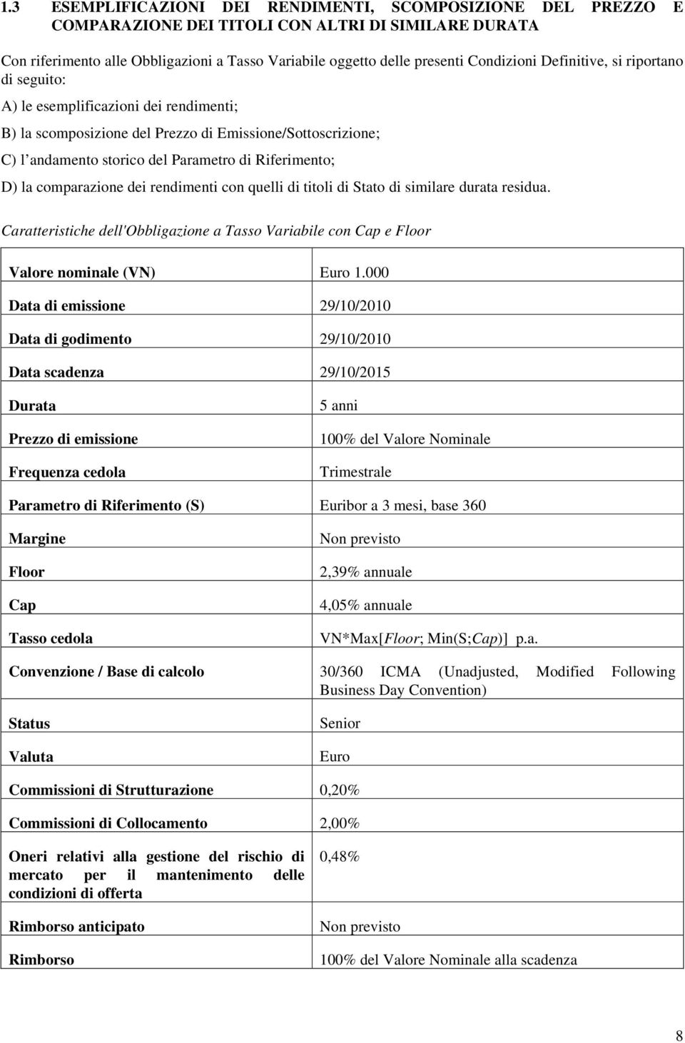 D) la comparazione dei rendimenti con quelli di titoli di Stato di similare durata residua. Caratteristiche dell'obbligazione a Tasso Variabile con Cap e Floor Valore nominale (VN) Euro 1.