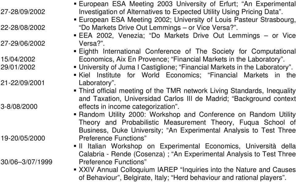 . EEA 2002, Venezia; Do Markets Drive Out Lemmings or Vice Versa?. Eighth International Conference of The Society for Computational Economics, Aix En Provence; Financial Markets in the Laboratory.