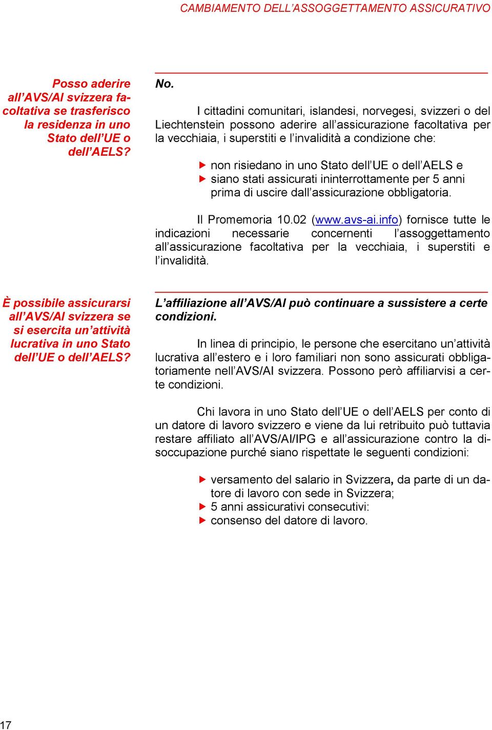 in uno Stato dell UE o dell AELS e siano stati assicurati ininterrottamente per 5 anni prima di uscire dall assicurazione obbligatoria. Il Promemoria 10.02 (www.avs-ai.