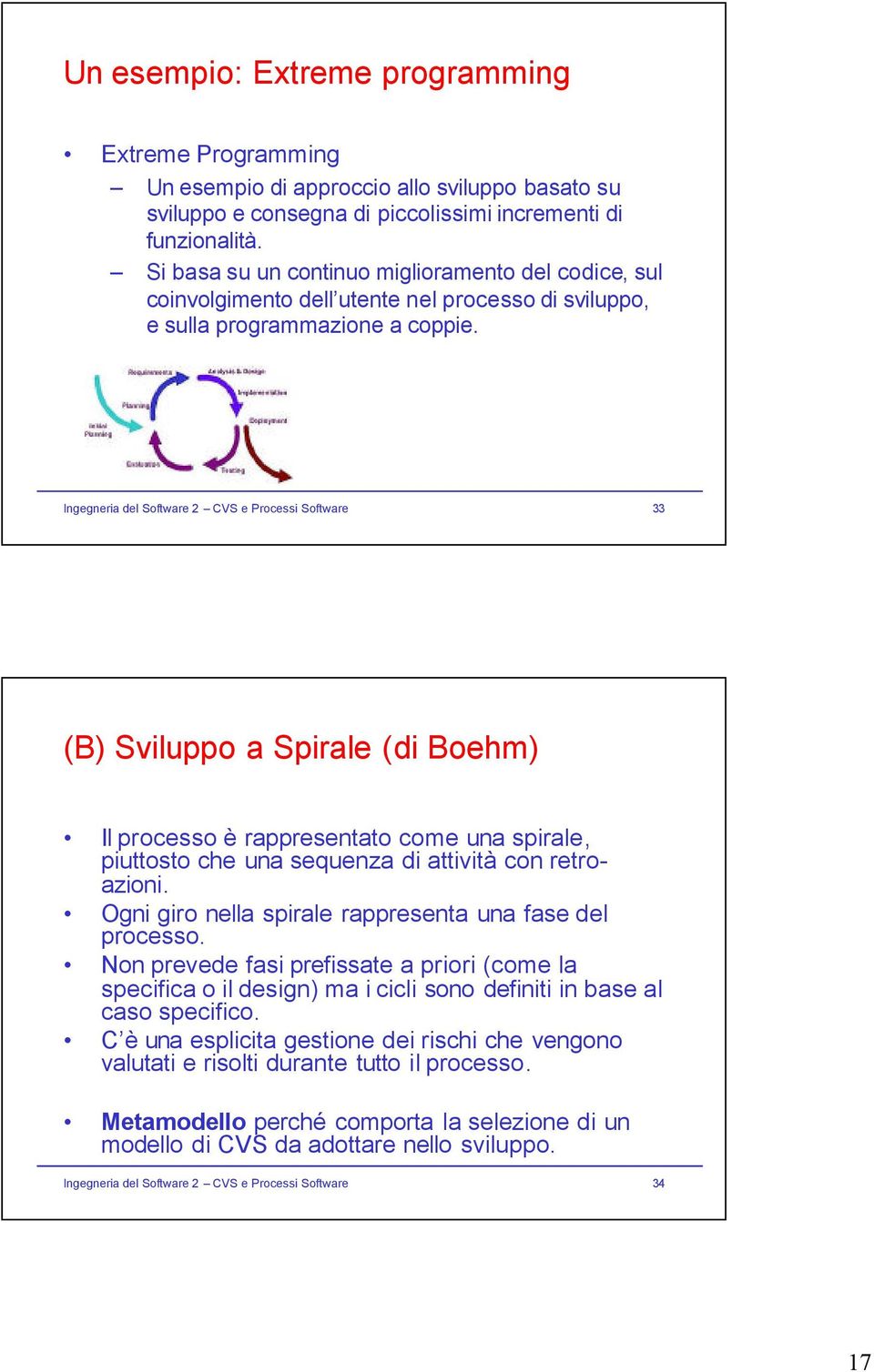 Ingegneria del Software 2 CVS e Processi Software 33 (B) Sviluppo a Spirale (di Boehm) Il processo è rappresentato come una spirale, piuttosto che una sequenza di attività con retroazioni.