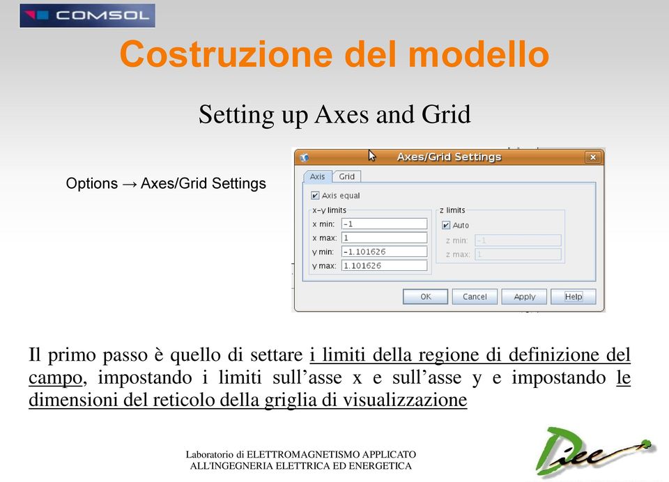 definizione del campo, impostando i limiti sull asse x e sull asse y