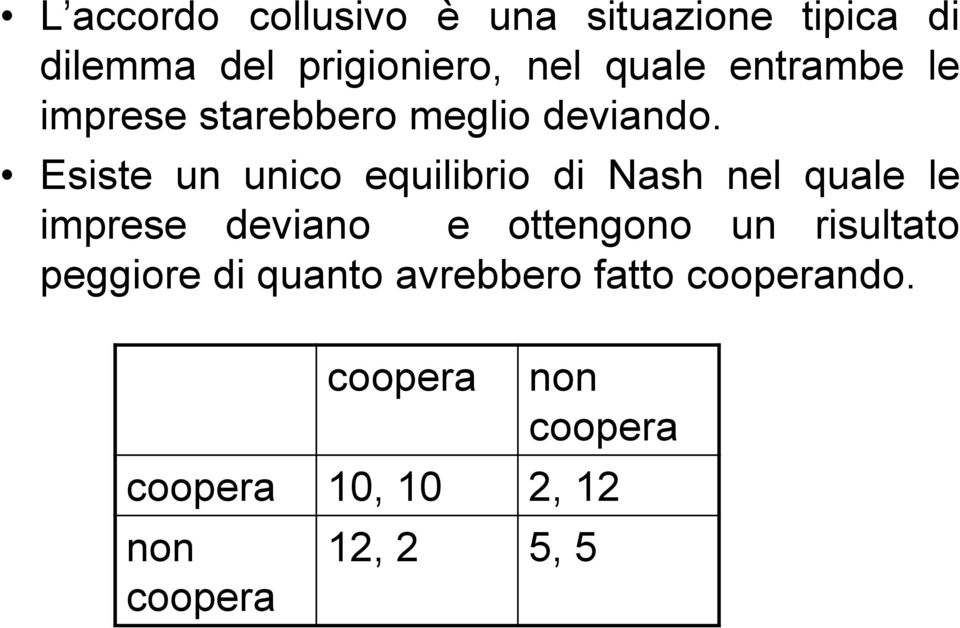 Esiste un unico equilibrio di Nash nel quale le iprese deviano e ottengono un