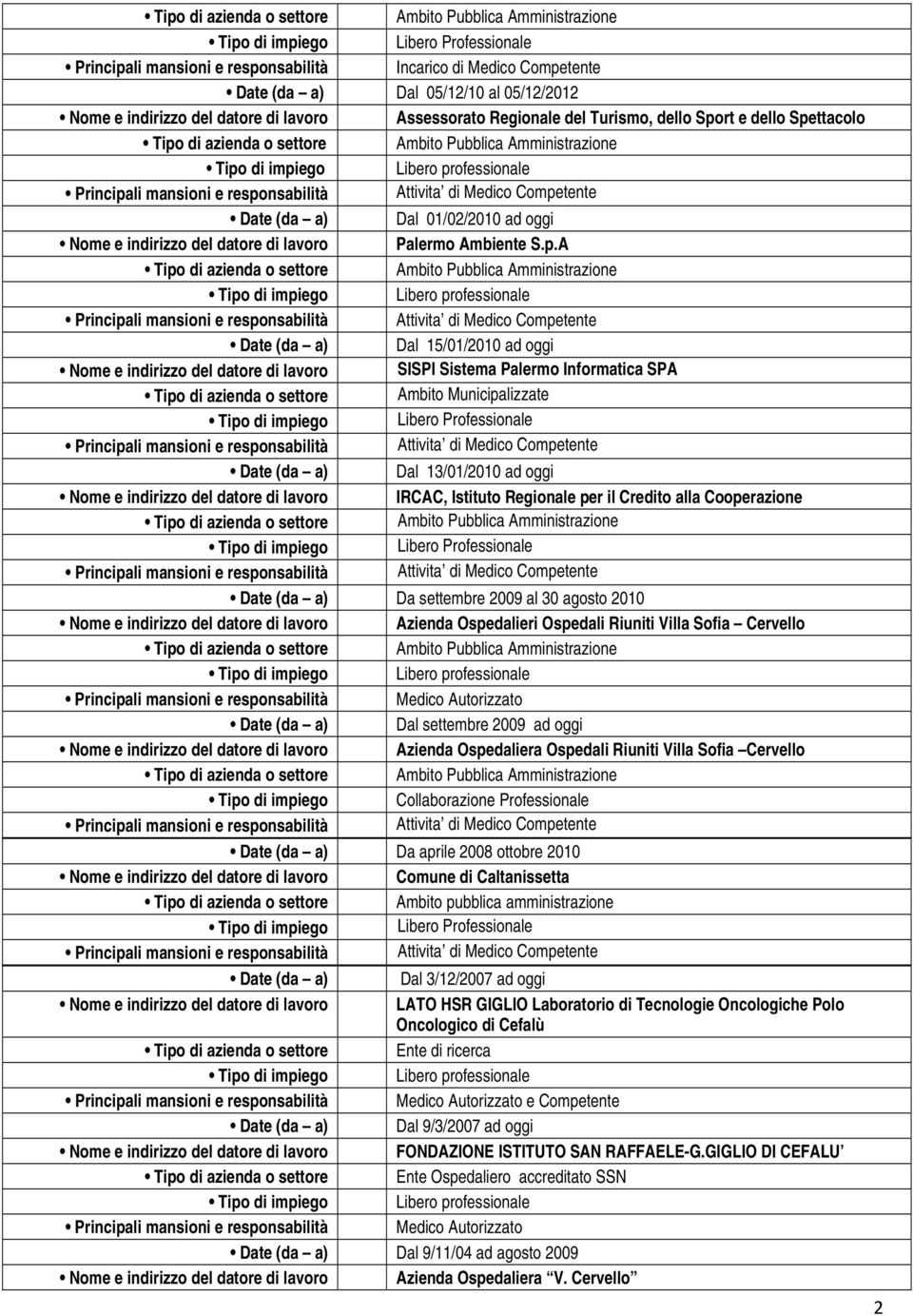 Palermo Informatica SPA Tipo di azienda o settore Ambito Municipalizzate Date (da a) Dal 13/01/2010 ad oggi Nome e indirizzo del datore di lavoro IRCAC, Istituto Regionale per il Credito alla
