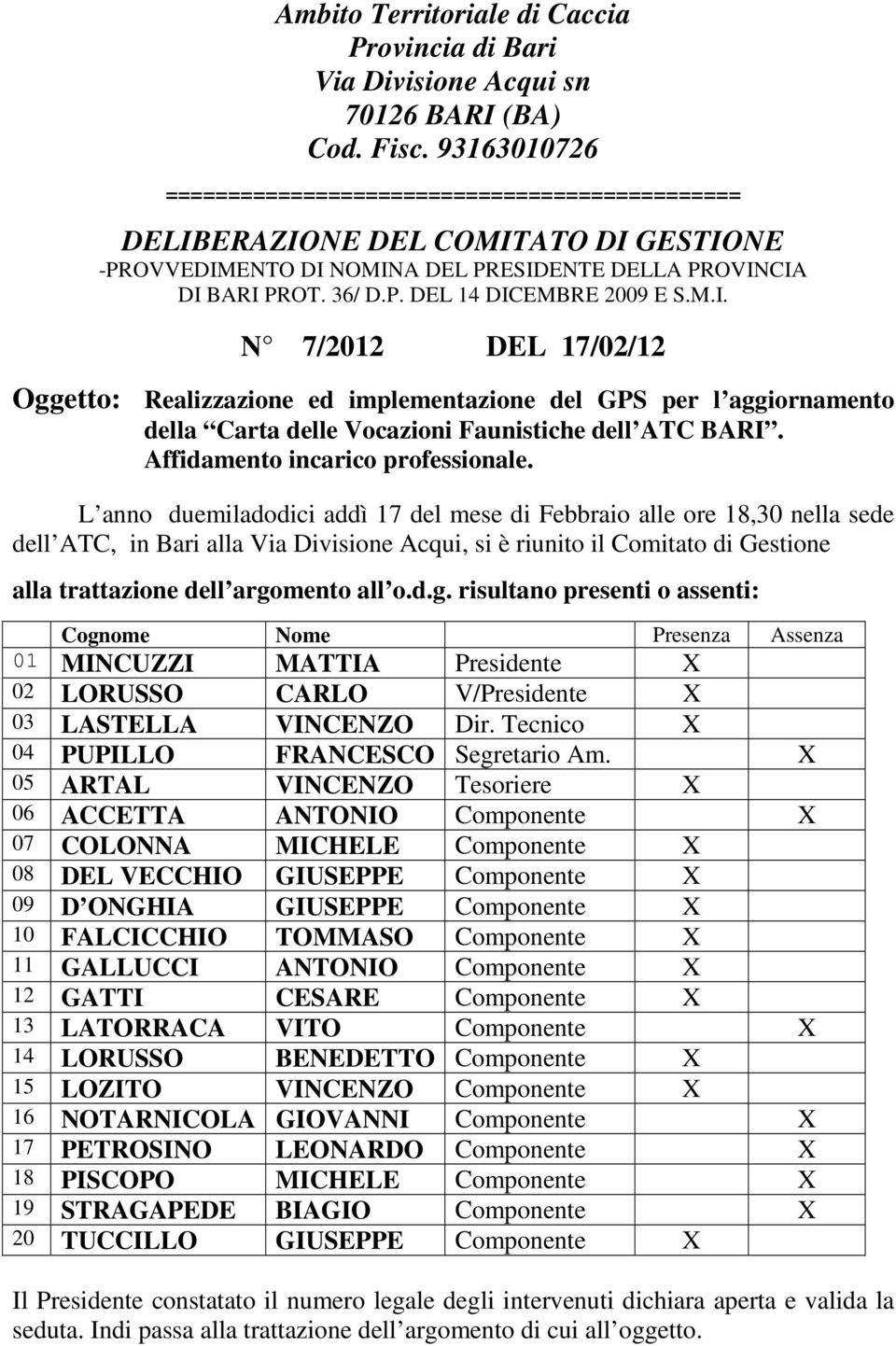 M.I. N 7/2012 DEL 17/02/12 Oggetto: Realizzazione ed implementazione del GPS per l aggiornamento della Carta delle Vocazioni Faunistiche dell ATC BARI. Affidamento incarico professionale.