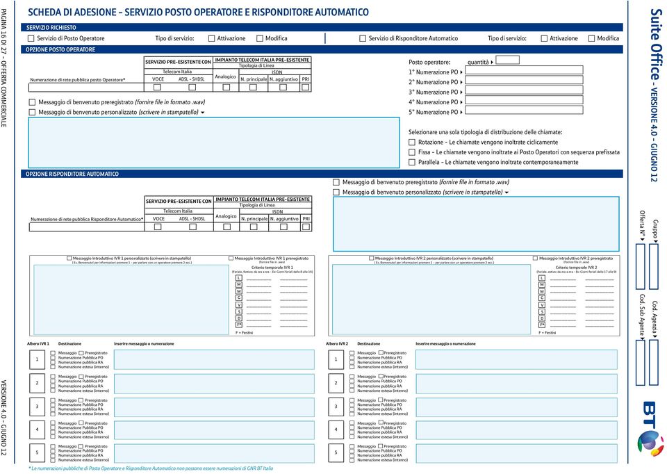 servizio: c Attivazione c Modifica OPZIONE POSTO OPERATORE Messaggio Preregistrato Messaggio Preregistrato 4 4 SERVIZIO PRE-ESISTENTE CON IMPIANTO TELECOM ITALIA PRE-ESISTENTE Posto operatore: