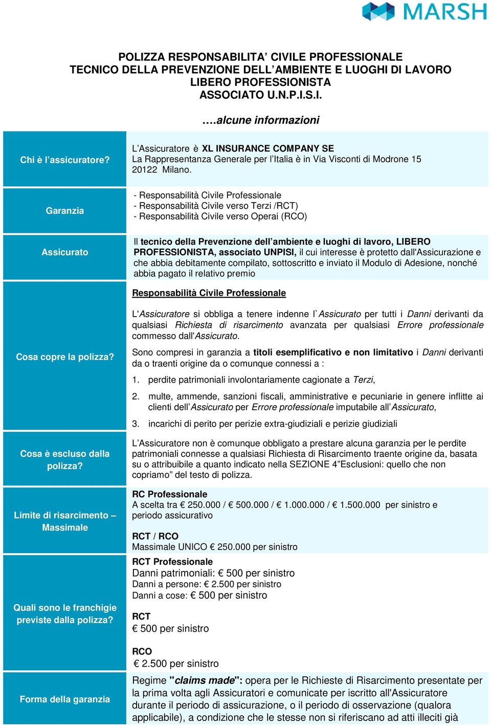 Garanzia - Responsabilità Civile Professionale - Responsabilità Civile verso Terzi /RCT) - Responsabilità Civile verso Operai (RCO) Assicurato Il tecnico della Prevenzione dell ambiente e luoghi di