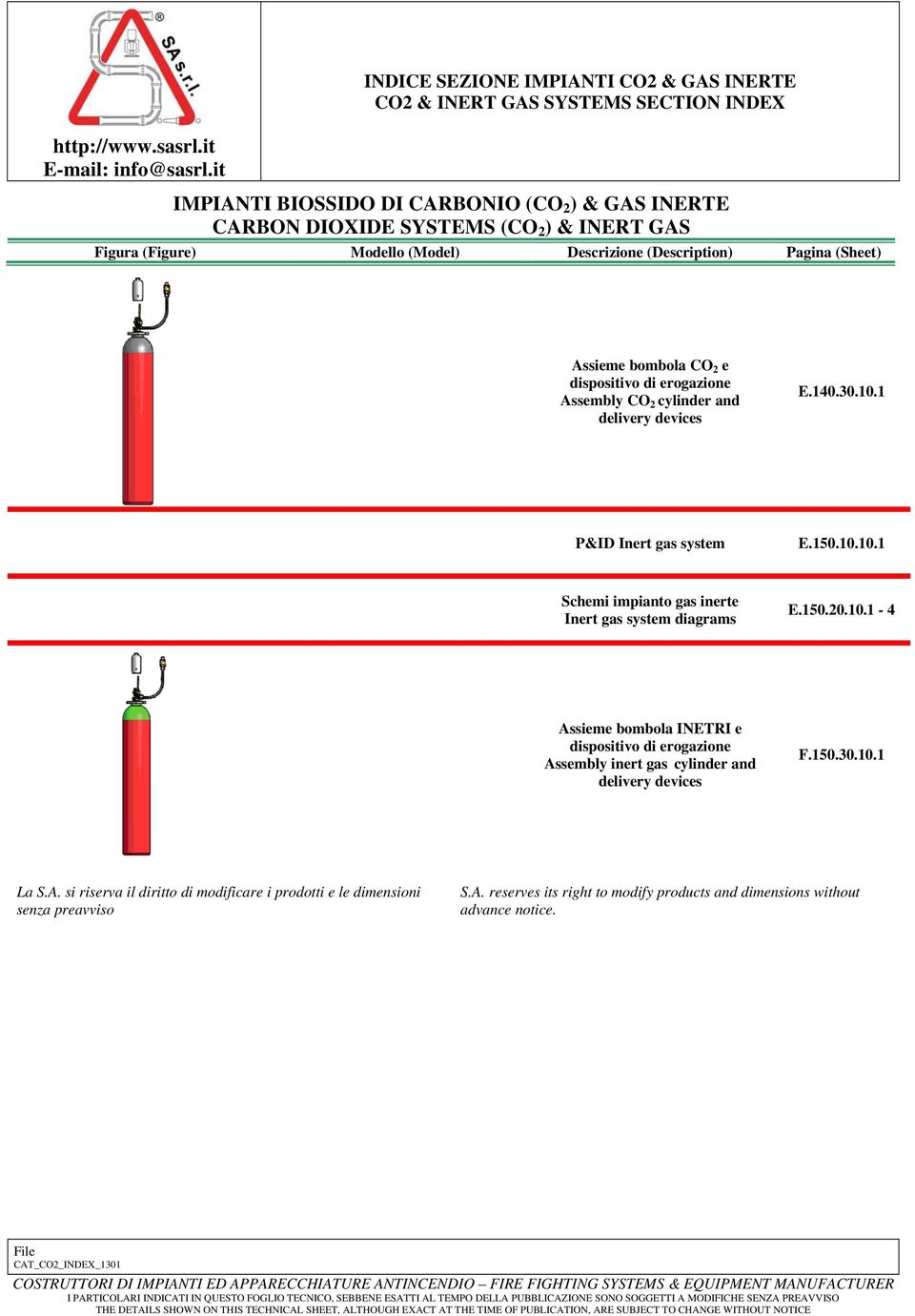 dispositivo di erogazione ssembly CO 2 cylinder and delivery devices E.140.30.10.1 P&ID Inert gas system E.150.10.10.1 Schemi impianto gas inerte Inert gas system diagrams E.150.20.10.1-4 ssieme bombola INETRI e dispositivo di erogazione ssembly inert gas cylinder and delivery devices F.