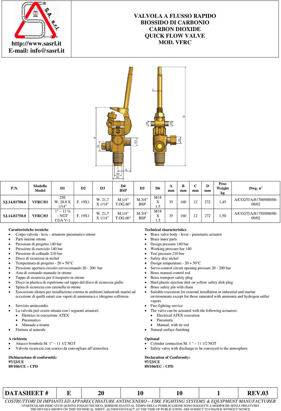 n /CO2/T//81700/000/08-09/02 /CO2/T//81750/000/08-09/02 Corpo valvola - leva attuatore pneumatico ottone Brass valve body - lever - pneumatic actuator Parti interne ottone Brass inner parts Pressione