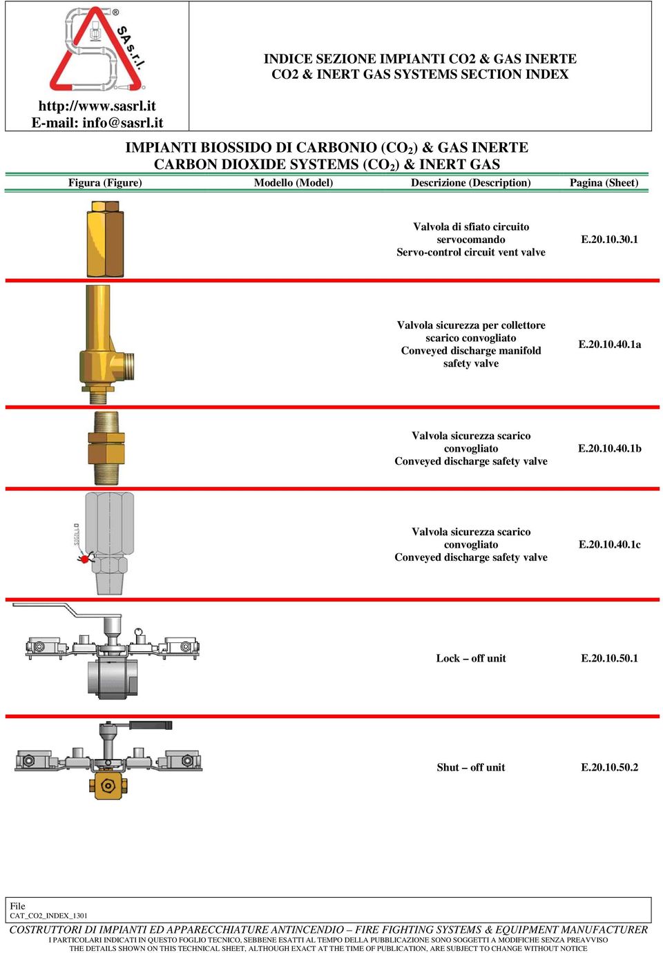 di sfiato circuito servocomando Servo-control circuit vent valve E.20.10.30.1 Valvola sicurezza per collettore scarico convogliato Conveyed discharge manifold safety valve E.