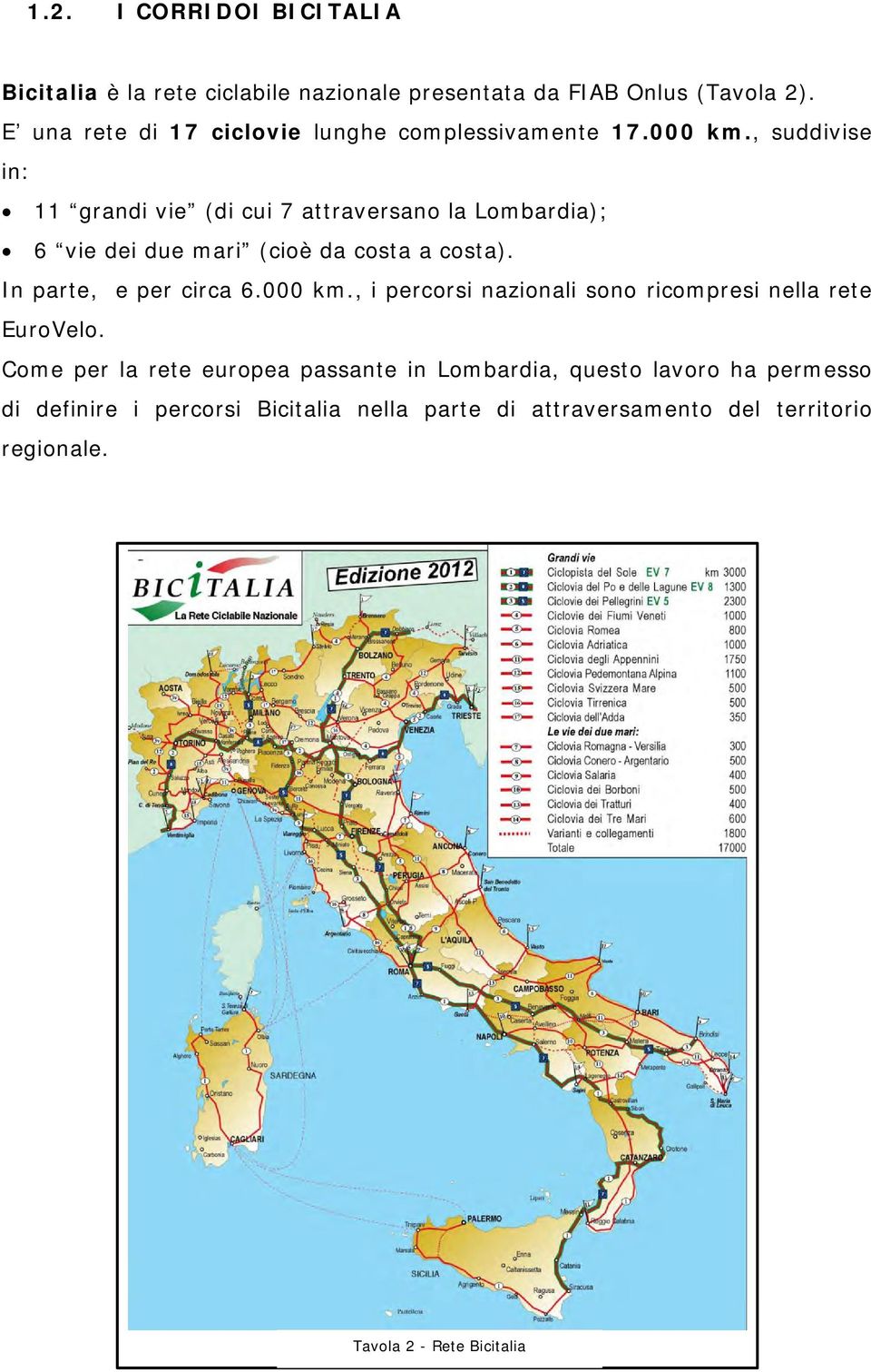 , suddivise in: 11 grandi vie (di cui 7 attraversano la Lombardia); 6 vie dei due mari (cioè da costa a costa). In parte, e per circa 6.