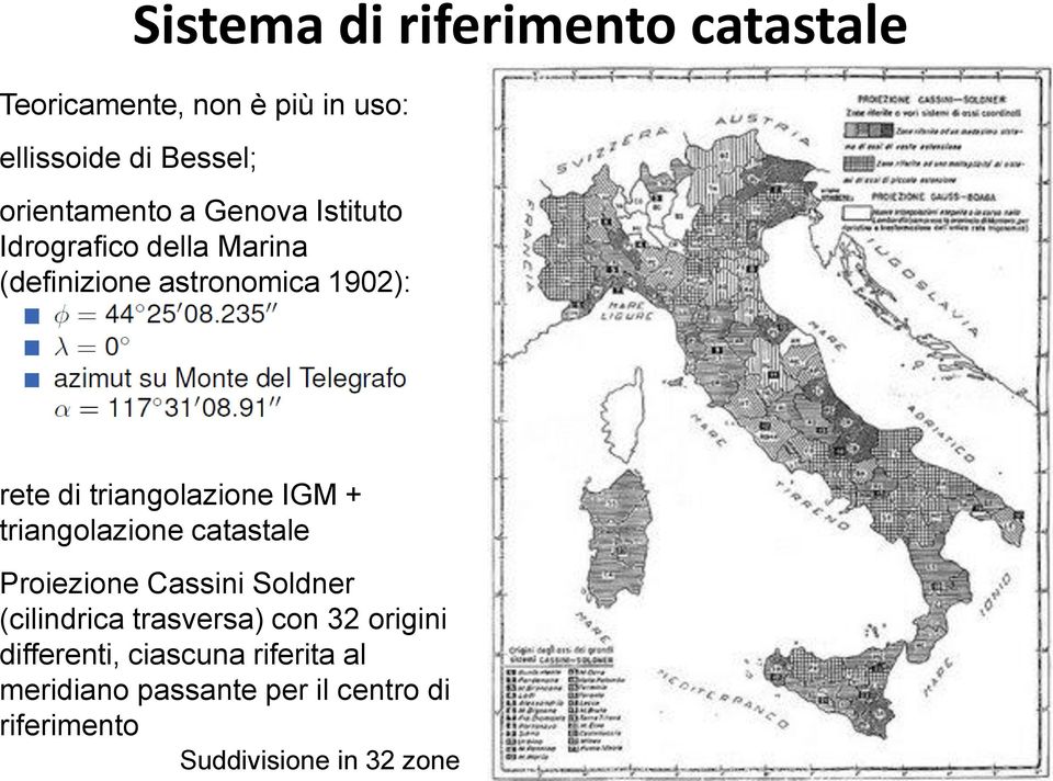 IGM + triangolazione catastale Proiezione Cassini Soldner (cilindrica trasversa) con 32 origini