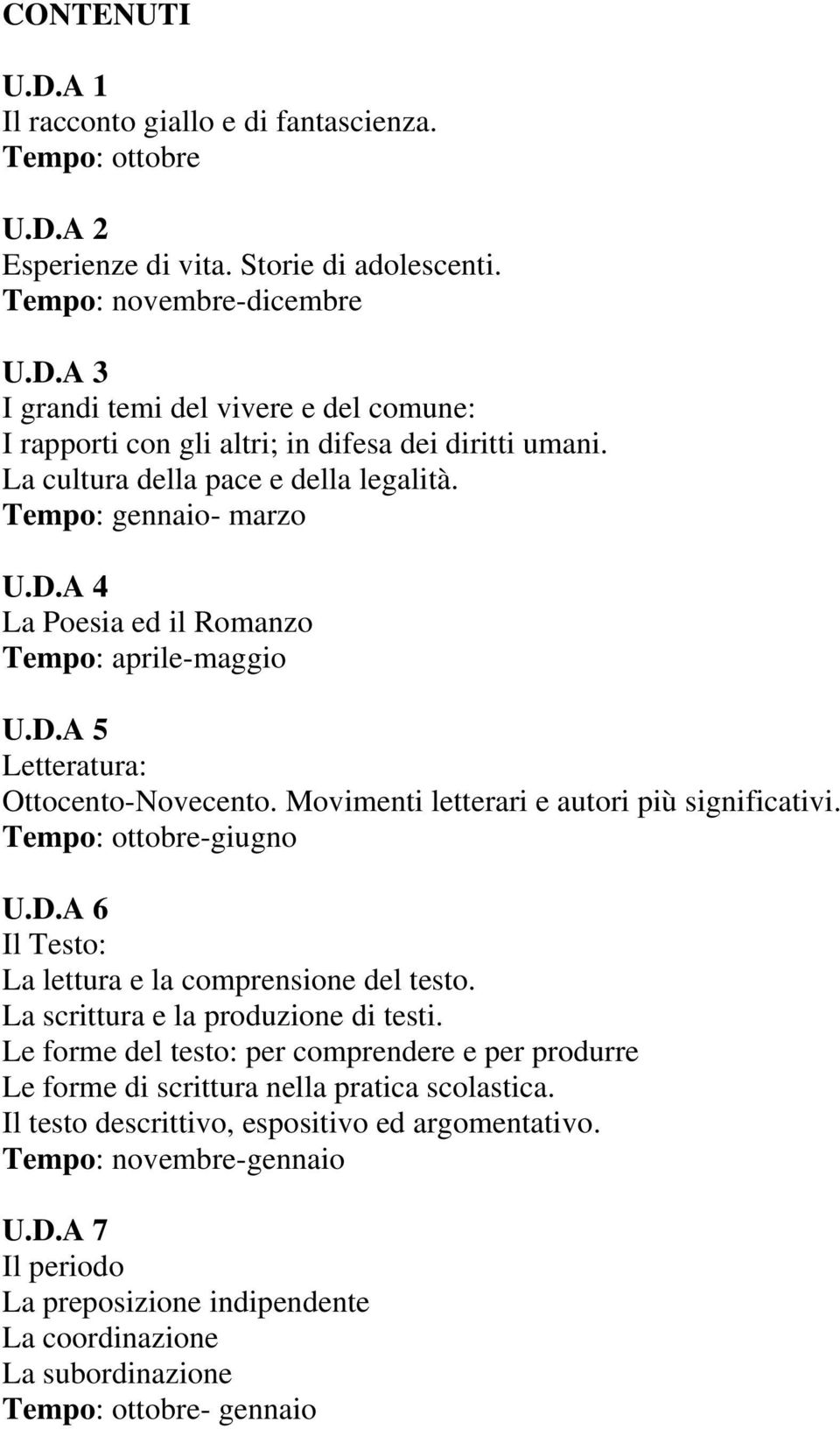 Movimenti letterari e autori più significativi. Tempo: ottobre-giugno U.D.A 6 Il Testo: La lettura e la comprensione del testo. La scrittura e la produzione di testi.