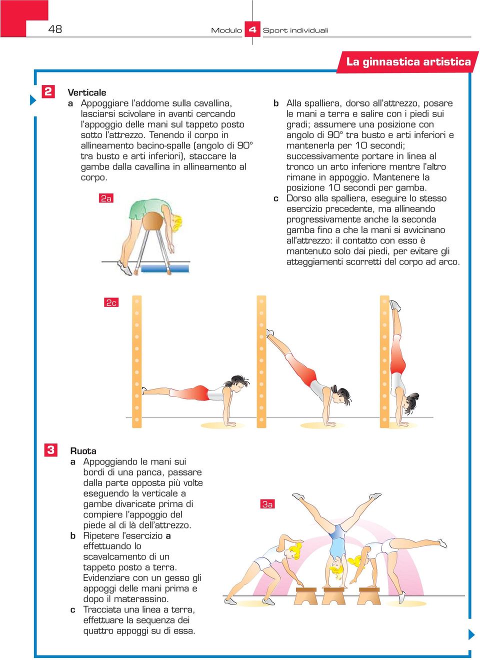 2a b c Alla spalliera, dorso all attrezzo, posare le mani a terra e salire con i piedi sui gradi; assumere una posizione con angolo di 90 tra busto e arti inferiori e mantenerla per 10 secondi;