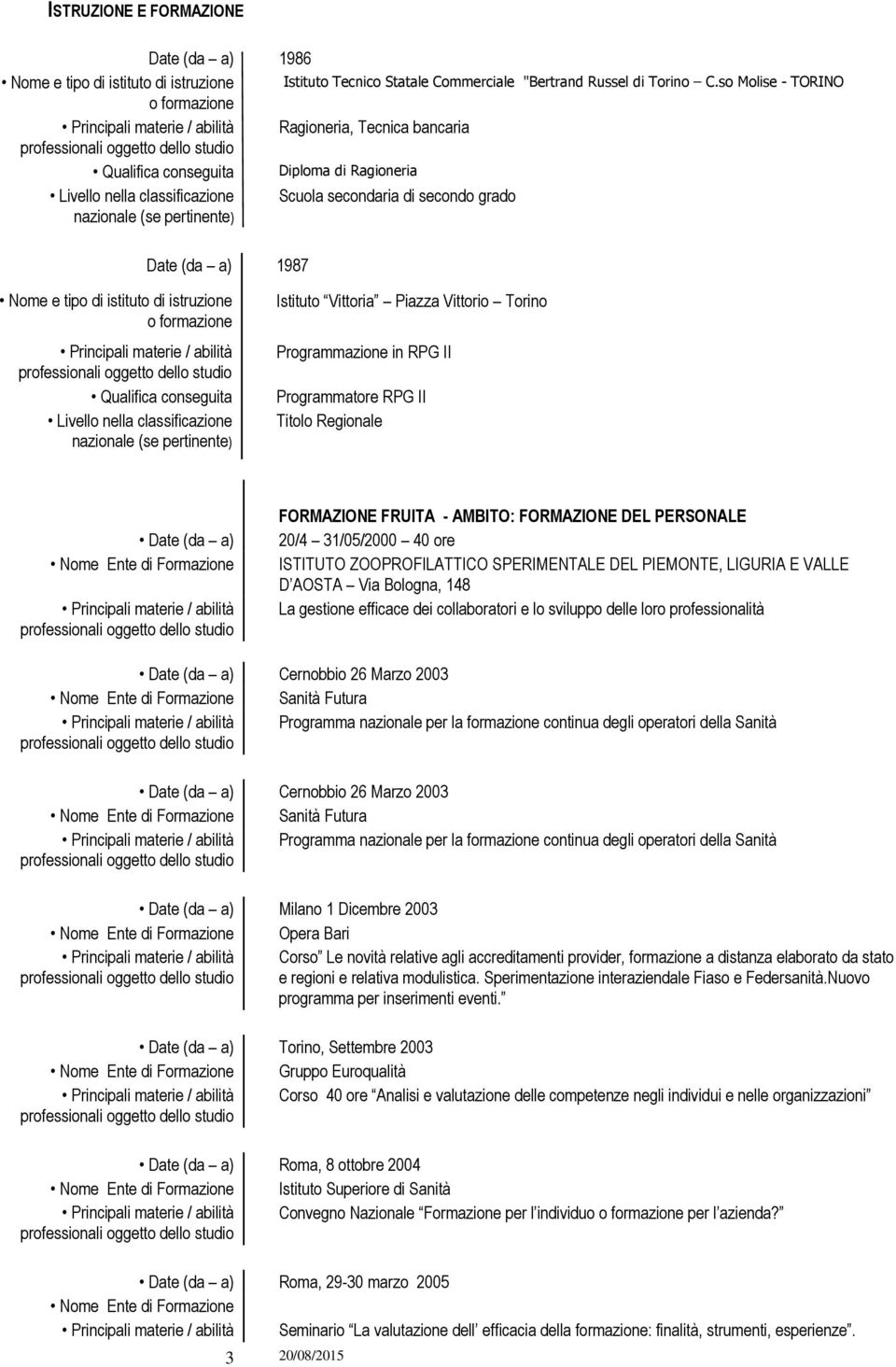 (da a) 1987 Nome e tipo di istituto di istruzione o formazione Qualifica conseguita Livello nella classificazione nazionale (se pertinente) Istituto Vittoria Piazza Vittorio Torino Programmazione in