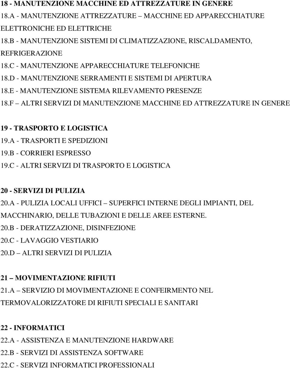 E - MANUTENZIONE SISTEMA RILEVAMENTO PRESENZE 18.F ALTRI SERVIZI DI MANUTENZIONE MACCHINE ED ATTREZZATURE IN GENERE 19 - TRASPORTO E LOGISTICA 19.A - TRASPORTI E SPEDIZIONI 19.