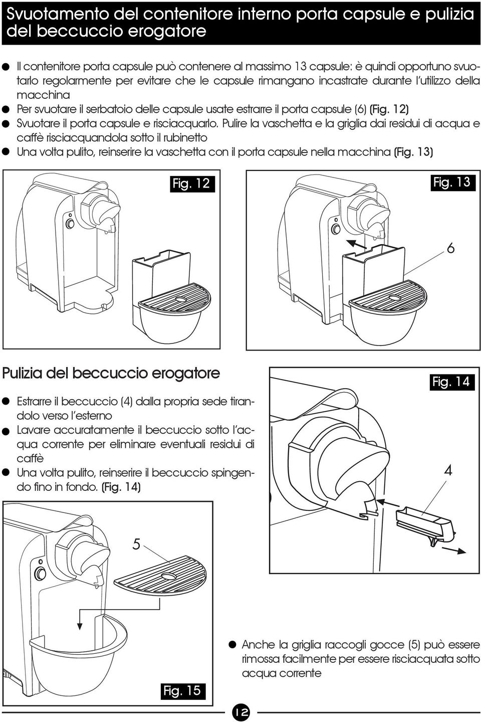 12) Svuotare il porta capsule e risciacquarlo.