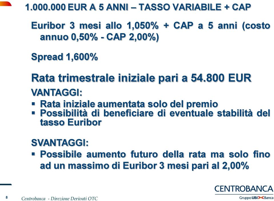 - CAP 2,00%) Spread 1,600% Rata trimestrale iniziale pari a 54.