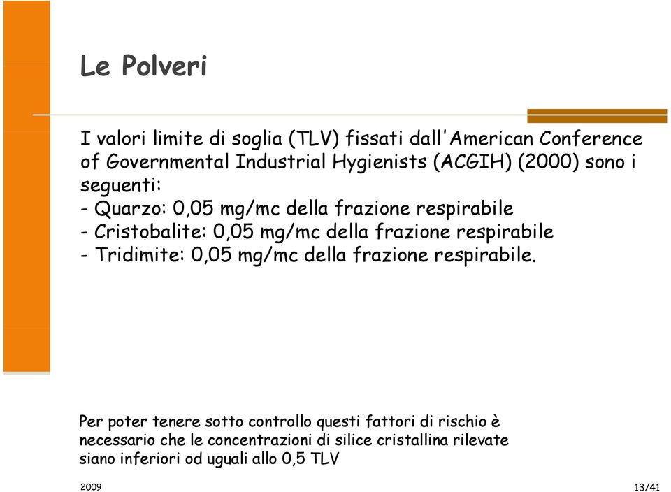 frazione respirabile - Tridimite: 0,05 mg/mc della frazione respirabile.