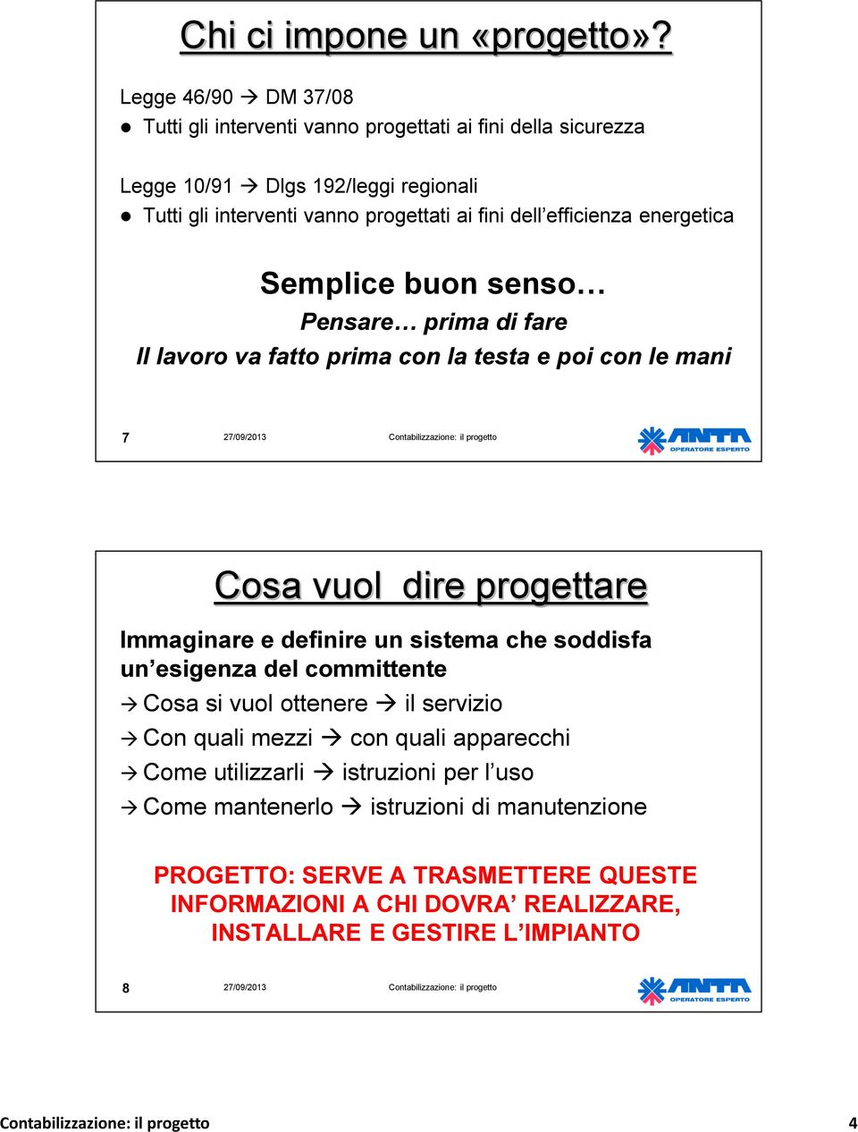 efficienza energetica Semplice buon senso Pensare prima di fare Il lavoro va fatto prima con la testa e poi con le mani 7 Cosa vuol dire progettare Immaginare e definire un