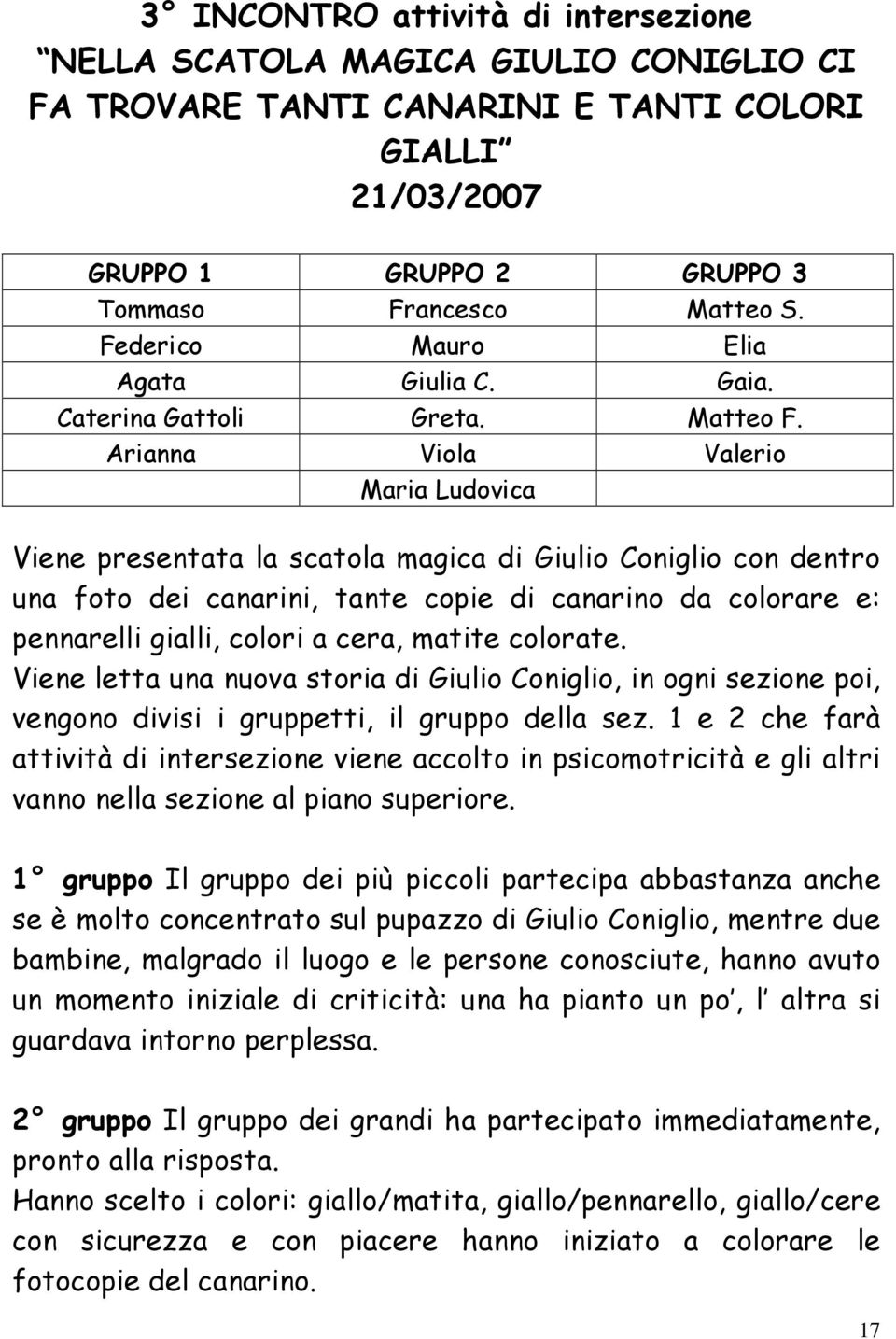 Arianna Viola Valerio Maria Ludovica Viene presentata la scatola magica di Giulio Coniglio con dentro una foto dei canarini, tante copie di canarino da colorare e: pennarelli gialli, colori a cera,