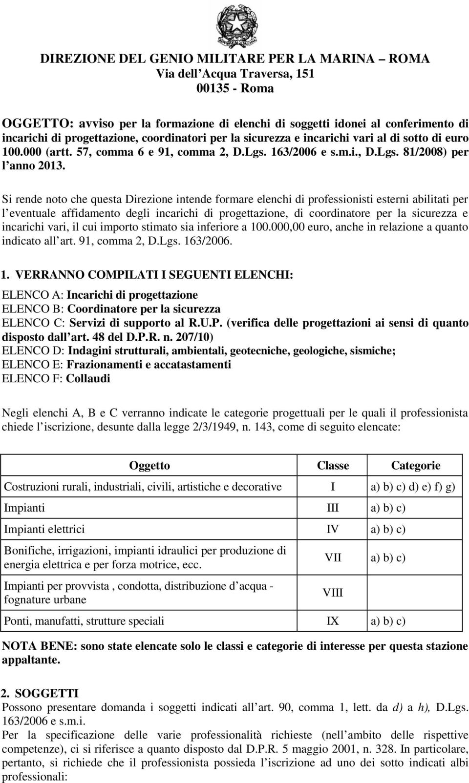 Si rende noto che questa Direzione intende formare elenchi di professionisti esterni abilitati per l eventuale affidamento degli incarichi di progettazione, di coordinatore per la sicurezza e