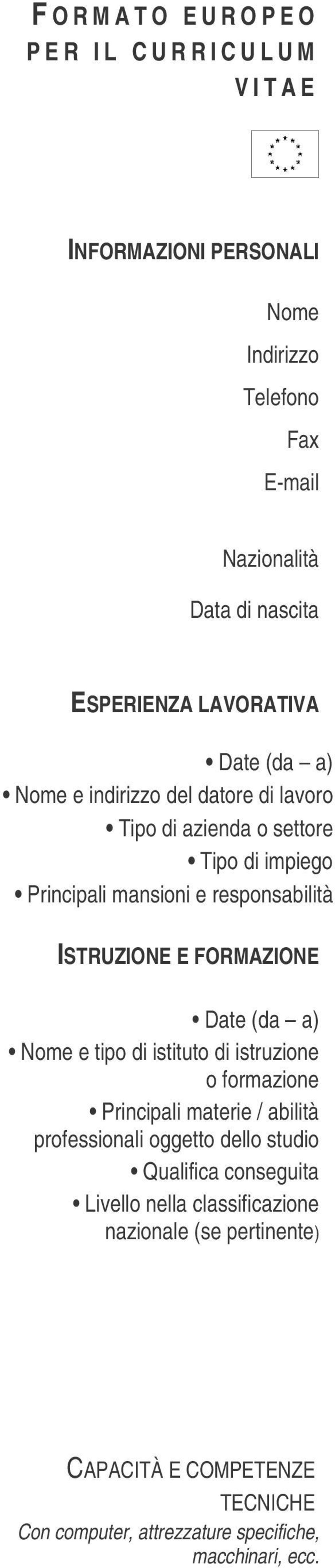 ISTRUZIONE E FORMAZIONE Date (da a) Nome e tipo di istituto di istruzione o formazione Principali materie / abilità professionali oggetto dello studio