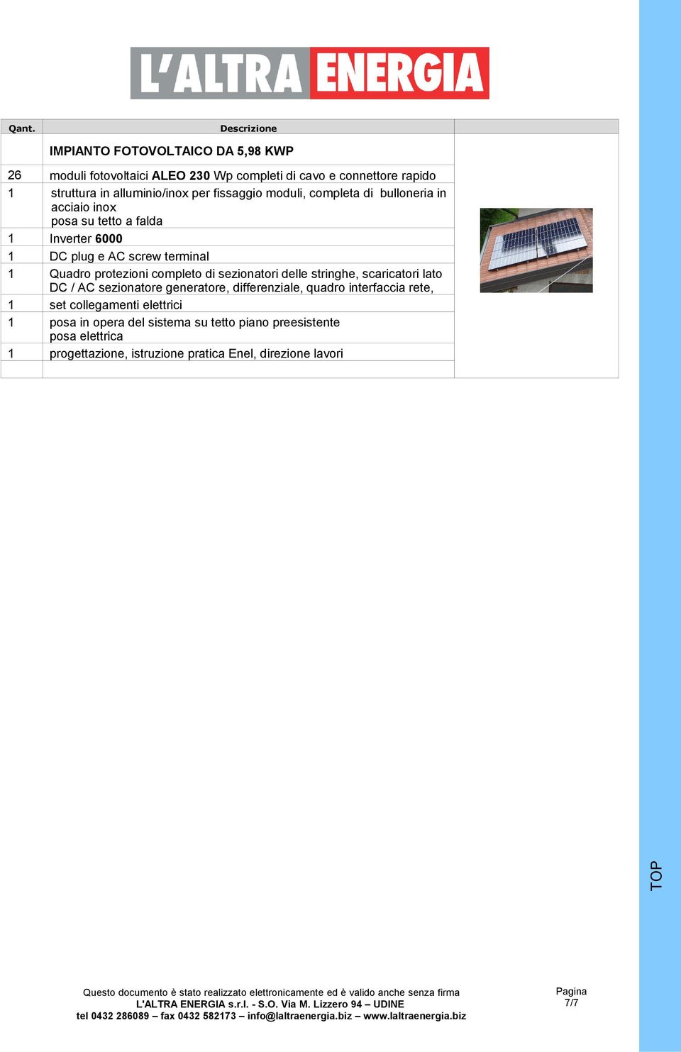 stringhe, scaricatori lato DC / AC sezionatore generatore, differenziale, quadro interfaccia rete, set collegamenti elettrici posa in opera del sistema su